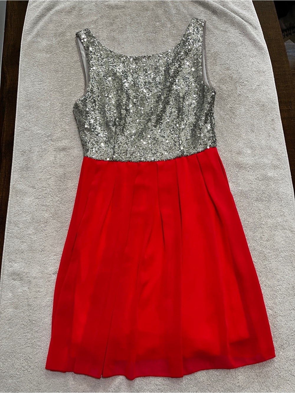 B Darlin Silver Sequin Bodice Red Pleated Skirt Party Dress